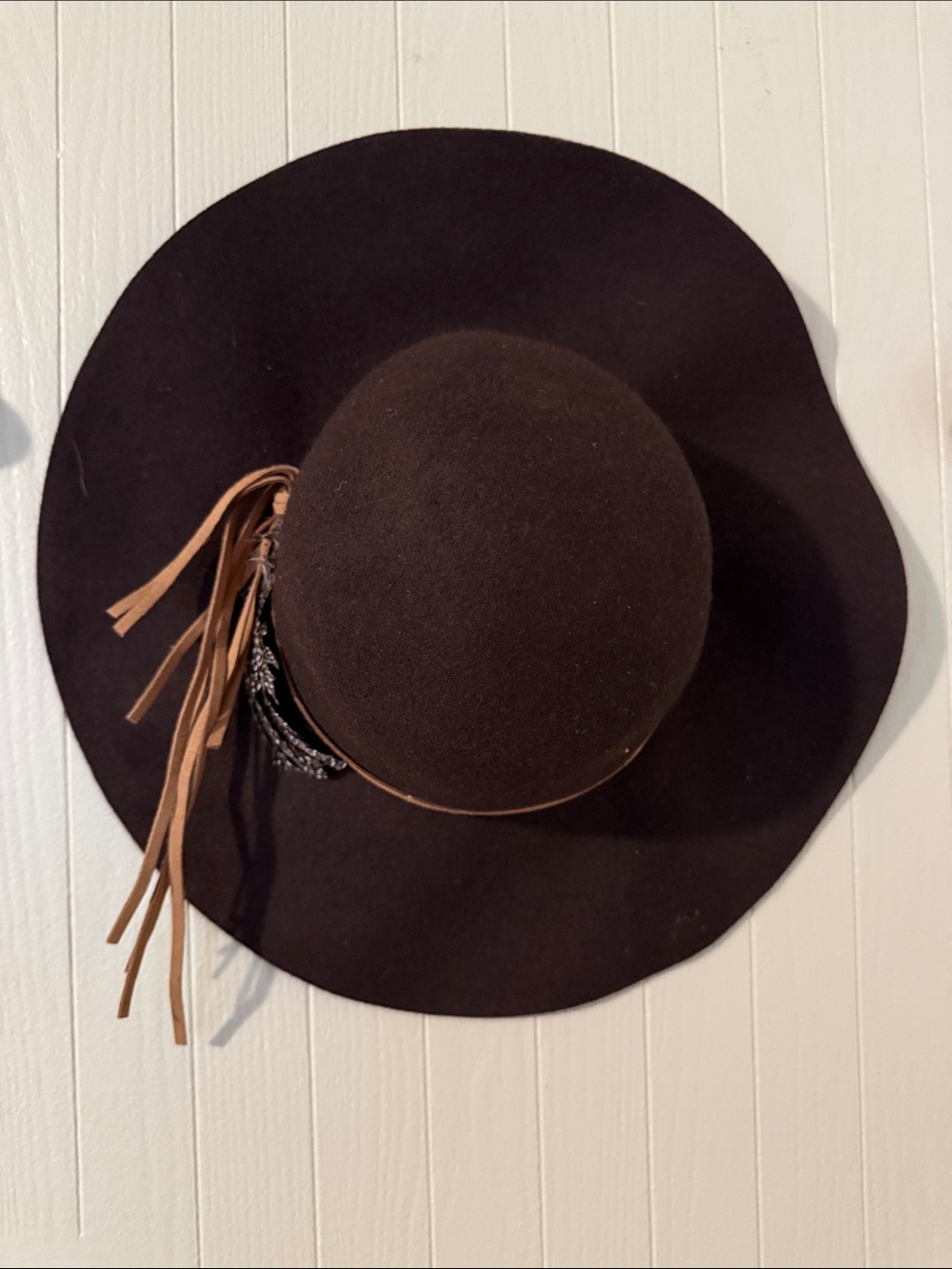 Brown Wide-Brim Wool Felt Hat with Suede Tassels